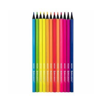 Карандаши цветные BRAUBERG NEON, 12 неоновых цветов, черное дерево, трёхгранные, 181852