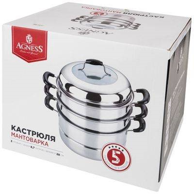 КАСТРЮЛЯ-МАНТОВАРКА AGNESS 3 УРОВНЯ ДИАМЕТР=28 СМ 8,7 Л ИНДУКЦИОННОЕ ДНО (КОР=4ШТ.