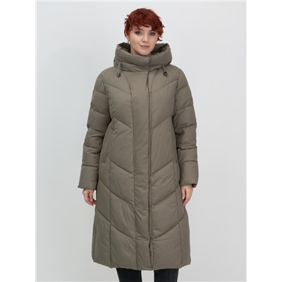 Пальто зимнее утепленное с капюшоном женское светло-коричневого цвета 7628SK