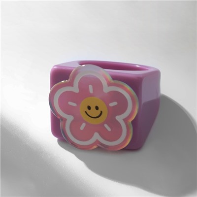 Кольцо пластиковое «Цветок-смайлик», широкое, разноцветное, 17 размер