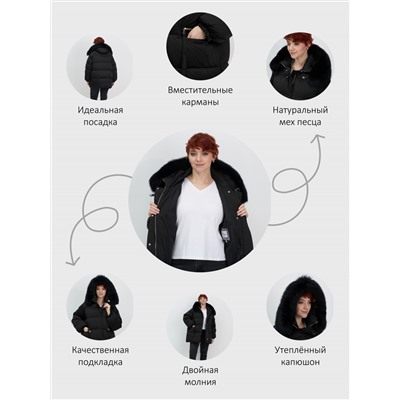 Куртка зимняя женская с мехом и капюшоном тренд черного цвета 7639Ch
