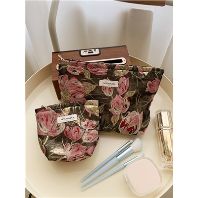 Capacious cosmetic bag, handheld organizer bag to go out, travel bag, liner, with embroidery, flowered, floral print