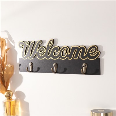 Настенные крючки декоративные «Добро пожаловать», дерево, чёрный с золотом, 3×29.5×10.5 см