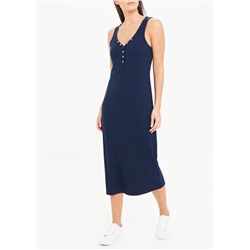 Navy Sleeveless Ribbed Jersey Popper Midi Dress