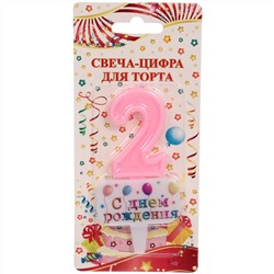 Свеча для торта Цифра С днем рождения "2" 5,5*4 см, розовый