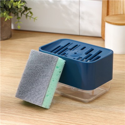 Дозатор для моющего средства с подставкой для губки Raccoon, губка в комплекте, синий