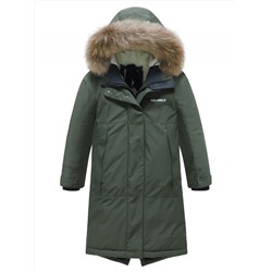 Парка зимняя подростковая для девочки с капюшоном и мехом темно-зеленого цвета 9536TZ