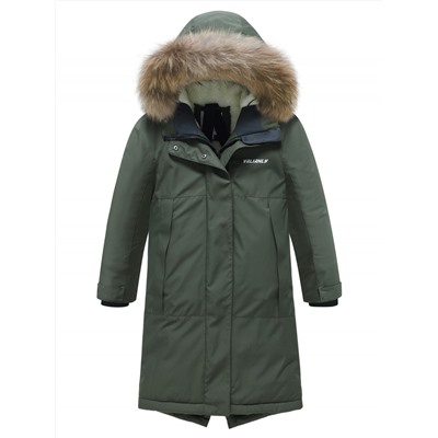Парка зимняя подростковая для девочки с капюшоном и мехом темно-зеленого цвета 9536TZ