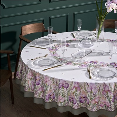 СКАТЕРТЬ КРУГЛАЯ  "ИРИСЫ" ,D220СМ, 100% ХЛОПОК,ТВИЛ C ПРОПИТКОЙ, БЕЛЫЙ