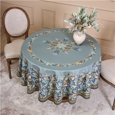 СКАТЕРТЬ КРУГЛАЯ "ЛИСТЬЯ МОРРИСА"190 СМ ,100% ХЛОПОК ,СИНИЙ, ТВИЛ, ПРОПИТКА