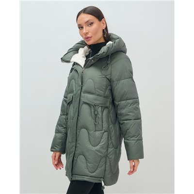 Куртка зимняя женская с капюшоном модная цвета хаки 7653Kh