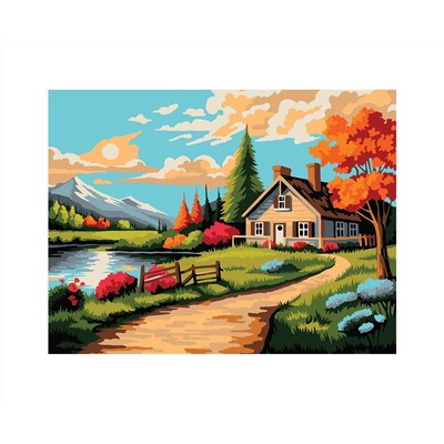 Картина по номерам на картоне ТРИ СОВЫ "Дом у реки", 30*40, с акриловыми красками и кистями