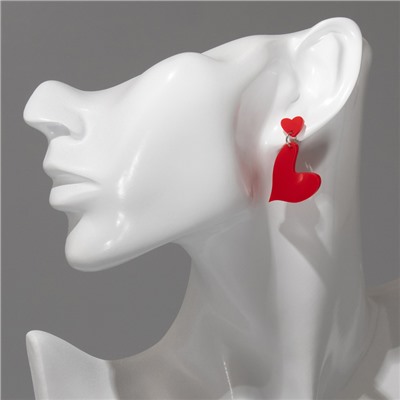 Серьги акриловые «Сердце к сердцу», цвет красный в серебре