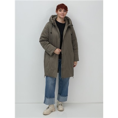 Пальто зимнее утепленное женское большого размера коричневого цвета 7699K