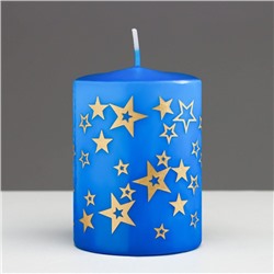 Свеча-цилиндр с узорами «Звезды», 5.6×8 см, синяя с золотым