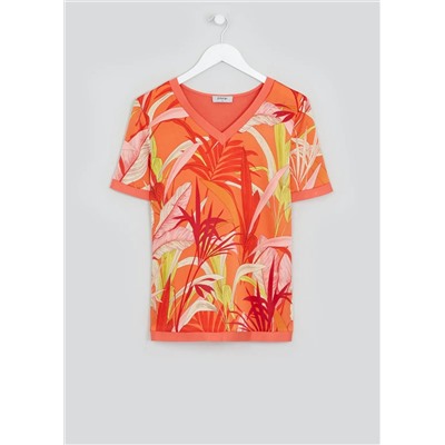 Soon Orange Short Sleeve Leaf Print Top