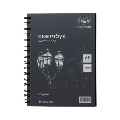 Альбом для графики, 30л., А5, на спирали Гамма "Студия", черный, 140г/м2
