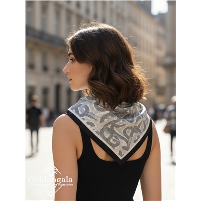 Косынка шелковая с принтом Арт 25183/003 (черный-молочный)