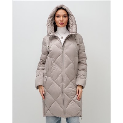 Пальто зимнее утепленное с капюшоном женское светло-коричневого цвета 7637SK