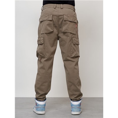 Джинсы карго мужские с накладными карманами бежевого цвета 2418B