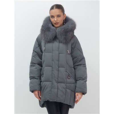 Куртка зимняя женская с мехом и капюшоном тренд темно-серого цвета 7660TC