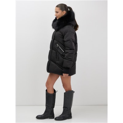 Куртка зимняя женская с мехом и капюшоном тренд черного цвета 7737Ch