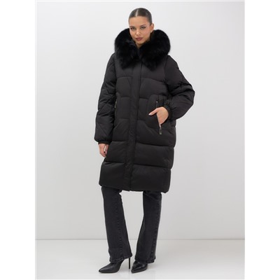 Пальто зимнее утепленное с мехом и капюшоном тренд черного цвета 7629Ch