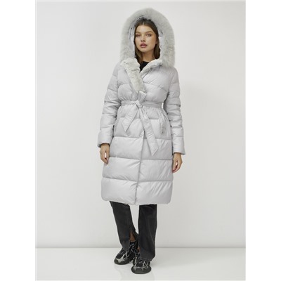 Пальто утепленное с капюшоном и мехом зимнее женское светло-серого цвета 133203SS