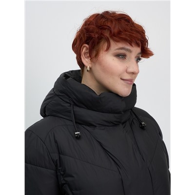 Пальто зимнее утепленное с капюшоном женское черного цвета 7628Ch