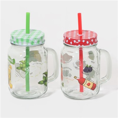 Кружки Доляна «Яркий лимонад», 450 мл, набор 2 шт.: с крышками и трубочками, стекло, прозрачные