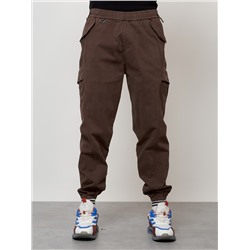 Джинсы карго мужские с накладными карманами коричневого цвета 2420K