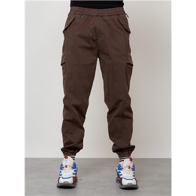 Джинсы карго мужские с накладными карманами коричневого цвета 2420K