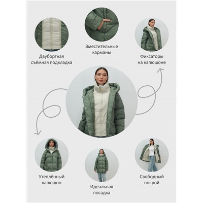 Куртка двубортная женская зимняя с капюшоном цвета хаки 7736Kh
