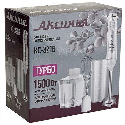 Блендер погружной 1500 Вт АКСИНЬЯ КС-321В с измельчителем, венчиком, стаканом, белый