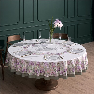 СКАТЕРТЬ КРУГЛАЯ  "ИРИСЫ" ,D220СМ, 100% ХЛОПОК,ТВИЛ C ПРОПИТКОЙ, БЕЛЫЙ