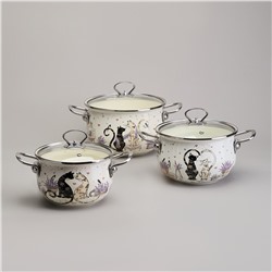 НАБОР КАСТРЮЛЬ ЭМАЛИРОВАННЫЙ, СЕРИЯ "LAVANDER CATS 6ПР. 2,0/2,8/3,8Л ДИА.18/20/22СМ