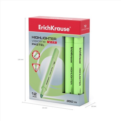 Маркер текстовыделитель ErichKrause Visioline V-17 Pastel, 0.6-4.5 мм, чернила на водной основе, зелёный