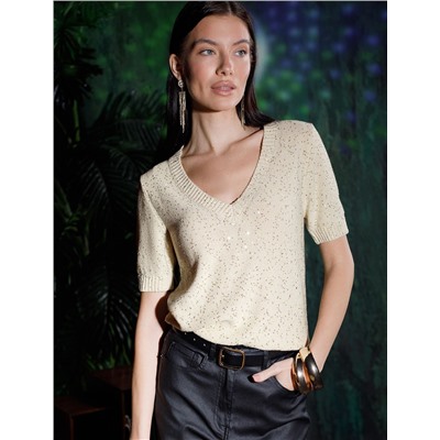 Джемпер с V вырезом и коротким рукавом из хлопковой пряжи с пайетками