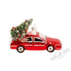Автомобиль красный с рождественской елочкой (стекло) 13х8 см