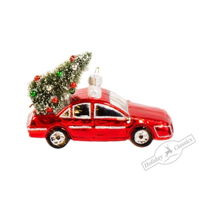 Автомобиль красный с рождественской елочкой (стекло) 13х8 см