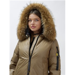 Куртка женская зимняя с мехом енот премиум класса коричневого цвета 871K