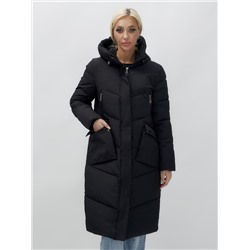 Пальто утепленное стеганное зимнее с капюшоном женское черного цвета 9639Ch
