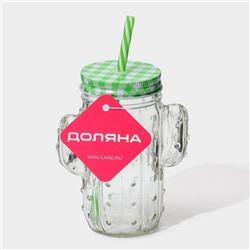 Кружка Доляна «Кактус», 450 мл, 11×7×15 см, стекло, с крышкой и трубочкой, прозрачная