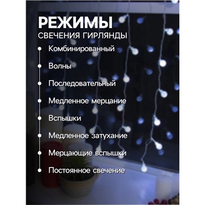 УЦЕНКА Гирлянда «Занавес», 2×1.5 м, с насадками «Шарики», IP20, 360 LED, 220 В, 8 режимов, прозрачная нить, свечение белое