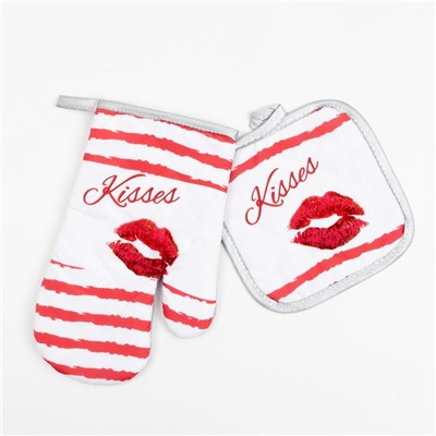 Кухонный набор Доляна Kisses, прихватка 17×17 см, варежка-прихватка 26×16 см, 100% п/э