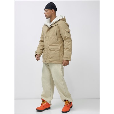 Парка мужская зимняя удлиненная с мехом горчичного цвета 8751G