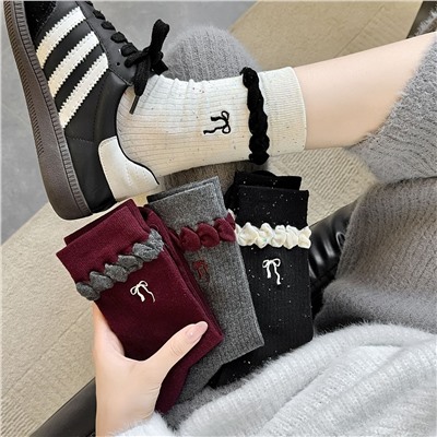 Demi-season embroidery with bow, Japanese breathable knee socks, with embroidery, combed cotton