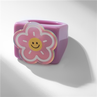 Кольцо пластиковое «Цветок-смайлик», широкое, разноцветное, 17 размер