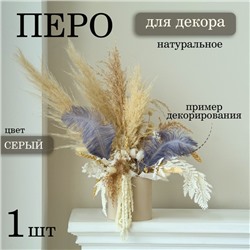 Перо для декора 1 шт., размер 24 см, цвет серый