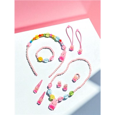 Набор детских украшений Выбражулька «Зайчики», 9 предметов: ободок, 2 резинки, 2 заколки, клипсы, кулон, браслет, кольцо, МИКС